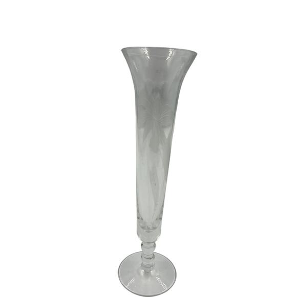 Vintage Crystal Clear Glass Skinny Tall Floral Etched Decorative Vase Footed - Picture 4 of 7